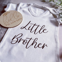 Load image into Gallery viewer, New Baby, New Arrival Baby Gift, Pregnancy announcement, pregnancy gift, personalised baby vest, Little Sister, Little Brother Baby Grow