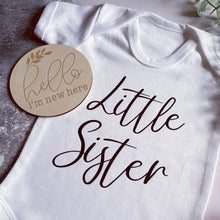 Load image into Gallery viewer, New Baby, New Arrival Baby Gift, Pregnancy announcement, pregnancy gift, personalised baby vest, Little Sister, Little Brother Baby Grow