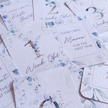 Load image into Gallery viewer, baby milestone cards, eucalyptus, eucalyptus milestone cards, pregnancy cards her, baby shower gift, floral, baby girl, new baby gift,