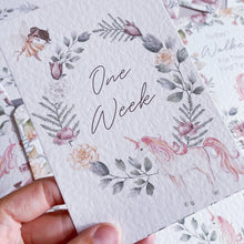 Load image into Gallery viewer, baby milestone cards, unicorn, pretty milestone cards, pregnancy cards her, baby shower gift, floral, baby girl, new baby gift, unicorn baby