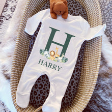 Load image into Gallery viewer, Personalised Baby Grow, Baby Vest Sleepsuit, New Baby Reveal, Pregnancy Announcement Outfit, Safari Animal Gift, Personalised Baby Gift Name
