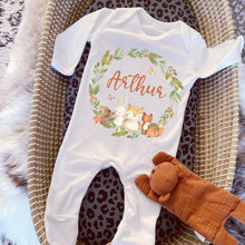 Load image into Gallery viewer, Baby boy gift, newborn boy gifts, new baby boy gift, personalised babygrow, personalised sleepsuit, boys baby shower, woodland baby gift