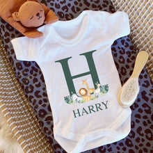 Load image into Gallery viewer, Personalised Baby Grow, Baby Vest Sleepsuit, New Baby Reveal, Pregnancy Announcement Outfit, Safari Animal Gift, Personalised Baby Gift Name