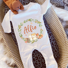 Load image into Gallery viewer, Baby boy gift, newborn boy gifts, new baby boy gift, personalised babygrow, personalised sleepsuit, boys baby shower, woodland baby gift