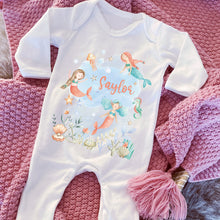 Load image into Gallery viewer, Personalised Mermaid Gift for Baby, Mermaid Sleepsuit, Personalised Girls Mermaid Outfit for Baby, Mermaid Babyshower Gift, Name Sleepsuit
