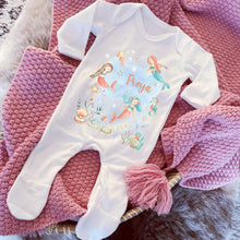 Load image into Gallery viewer, Personalised Mermaid Gift for Baby, Mermaid Sleepsuit, Personalised Girls Mermaid Outfit for Baby, Mermaid Babyshower Gift, Name Sleepsuit
