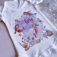 Load image into Gallery viewer, Personalised Mermaid Gift for Baby, Mermaid Sleepsuit, Personalised Girls Mermaid Outfit for Baby, Mermaid Babyshower Gift, Name Sleepsuit