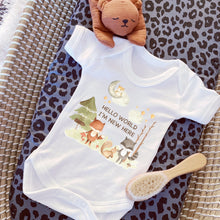 Load image into Gallery viewer, Hello Im New Here, New Baby announcement, pregnancy gift, personalised baby vest, baby shower gift, unisex baby gift, personalised sleepsuit