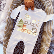 Load image into Gallery viewer, Hello Im New Here, New Baby announcement, pregnancy gift, personalised baby vest, baby shower gift, unisex baby gift, personalised sleepsuit