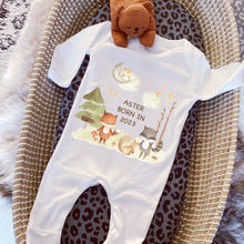 Load image into Gallery viewer, Personalised Sleepsuit, New baby gift, Born in 2024 gift, Personalised baby grow, Woodland Animal baby gift, Going home outfit Baby keepsake