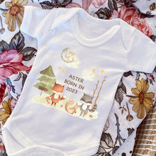 Load image into Gallery viewer, Personalised Sleepsuit, New baby gift, Born in 2024 gift, Personalised baby grow, Woodland Animal baby gift, Going home outfit Baby keepsake