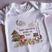 Load image into Gallery viewer, Personalised Sleepsuit, New baby gift, Born in 2024 gift, Personalised baby grow, Woodland Animal baby gift, Going home outfit Baby keepsake