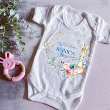 Load image into Gallery viewer, Peter rabbit My First Easter babygrow, Baby girls first easter outfit, my 1st easter babygrow, first easter baby vest, My First Easter Blue