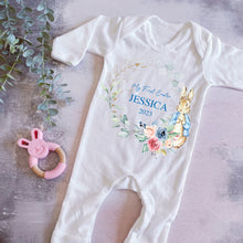 Load image into Gallery viewer, Peter rabbit My First Easter babygrow, Baby girls first easter outfit, my 1st easter babygrow, first easter baby vest, My First Easter Blue