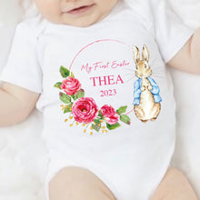 Load image into Gallery viewer, Peter rabbit My First Easter babygrow, Baby girls first easter outfit, my 1st easter babygrow, first easter baby vest, My First Easter Pink