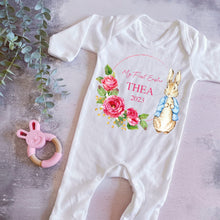 Load image into Gallery viewer, Peter rabbit My First Easter babygrow, Baby girls first easter outfit, my 1st easter babygrow, first easter baby vest, My First Easter Pink