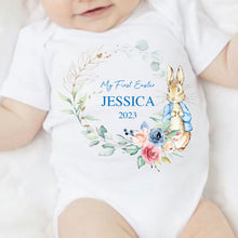 Load image into Gallery viewer, Peter rabbit My First Easter babygrow, Baby girls first easter outfit, my 1st easter babygrow, first easter baby vest, My First Easter Blue