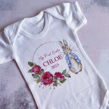 Load image into Gallery viewer, Peter rabbit My First Easter babygrow, Baby girls first easter outfit, my 1st easter babygrow, first easter baby vest, My First Easter Pink