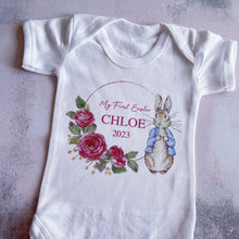 Load image into Gallery viewer, Peter rabbit My First Easter babygrow, Baby girls first easter outfit, my 1st easter babygrow, first easter baby vest, My First Easter Pink