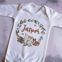 Load image into Gallery viewer, Baby boy gift, newborn boy gifts, new baby boy gift, personalised babygrow, personalised sleepsuit, boys baby shower, woodland baby gift
