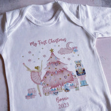 Load image into Gallery viewer, Personalised First Christmas Baby Vest, My first Christmas Babygrow, Pink Nutcracker baby vest, Girls 1st Christmas Personalised Sleepsuit