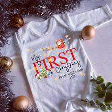Load image into Gallery viewer, First Christmas babygrow, Vest, Sleepsuit, 1st Christmas, Unisex Xmas Clothes, Penguin Gift baby, Personalised Santa Christmas, Boy, Girl