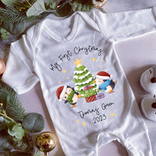 Load image into Gallery viewer, Personalised First Christmas Sleepsuit, 1st Xmas Baby Grow, Pyjamas, Babies 1st Xmas Gift Idea, Christmas Outfit for baby, Penguin Pjs Vest