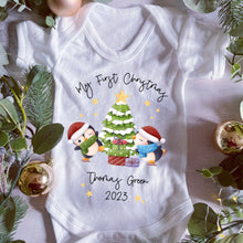 Load image into Gallery viewer, Personalised First Christmas Sleepsuit, 1st Xmas Baby Grow, Pyjamas, Babies 1st Xmas Gift Idea, Christmas Outfit for baby, Penguin Pjs Vest