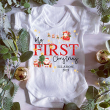 Load image into Gallery viewer, First Christmas babygrow, Vest, Sleepsuit, 1st Christmas, Unisex Xmas Clothes, Reindeer Gift baby, Personalised Santa Christmas, Boy, Girl