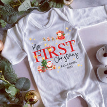 Load image into Gallery viewer, First Christmas babygrow, Vest, Sleepsuit, 1st Christmas, Unisex Xmas Clothes, Reindeer Gift baby, Personalised Santa Christmas, Boy, Girl