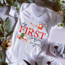 Load image into Gallery viewer, First Christmas babygrow, Vest, Sleepsuit, 1st Christmas, Unisex Xmas Clothes, Reindeer Gift baby, Personalised Santa Christmas, Boy, Girl
