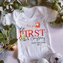 Load image into Gallery viewer, First Christmas babygrow, Vest, Sleepsuit, 1st Christmas, Unisex Xmas Clothes, Penguin Gift baby, Personalised Santa Christmas, Boy, Girl