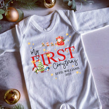 Load image into Gallery viewer, First Christmas babygrow, Vest, Sleepsuit, 1st Christmas, Unisex Xmas Clothes, Penguin Gift baby, Personalised Santa Christmas, Boy, Girl