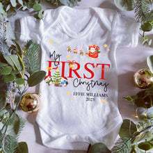 Load image into Gallery viewer, First Christmas babygrow, Vest, Sleepsuit, 1st Christmas, Unisex Xmas Clothes, Penguin Gift baby, Personalised Santa Christmas, Boy, Girl
