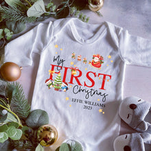 Load image into Gallery viewer, First Christmas babygrow, Vest, Sleepsuit, 1st Christmas, Unisex Xmas Clothes, Penguin Gift baby, Personalised Santa Christmas, Boy, Girl