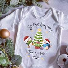 Load image into Gallery viewer, Personalised First Christmas Sleepsuit, 1st Xmas Baby Grow, Pyjamas, Babies 1st Xmas Gift Idea, Christmas Outfit for baby, Penguin Pjs Vest