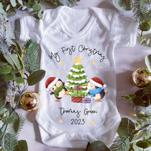 Load image into Gallery viewer, Personalised First Christmas Sleepsuit, 1st Xmas Baby Grow, Pyjamas, Babies 1st Xmas Gift Idea, Christmas Outfit for baby, Penguin Pjs Vest