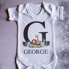 Load image into Gallery viewer, Personalised Safari baby vest, Safari, Jungle, baby shower gift, New Baby Outfit, new baby gift, Personalised Romper baby boy