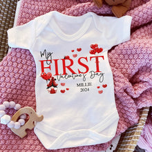Load image into Gallery viewer, Valentines Day Baby Vest, Personalised Babygrow, My First Valentine Sleepsuit, Babies First Valentine's Day, Ladybird Baby Gift Love Heart