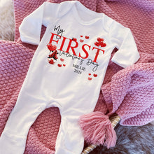 Load image into Gallery viewer, Valentines Day Baby Vest, Personalised Babygrow, My First Valentine Sleepsuit, Babies First Valentine's Day, Ladybird Baby Gift Love Heart