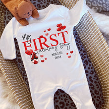 Load image into Gallery viewer, Valentines Day Baby Vest, Personalised Babygrow, My First Valentine Sleepsuit, Babies First Valentine's Day, Ladybird Baby Gift Love Heart