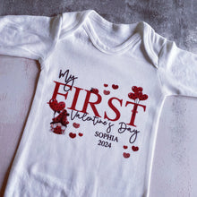 Load image into Gallery viewer, Valentines Day Baby Vest, Personalised Babygrow, My First Valentine Sleepsuit, Babies First Valentine's Day, Ladybird Baby Gift Love Heart