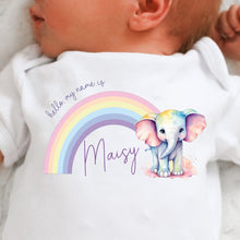 Load image into Gallery viewer, Hello my name is, baby girls coming home outfit, personalised gifts for baby girls, Hello Im New Here, New Baby announcement, Rainbow Baby
