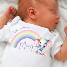 Load image into Gallery viewer, Hello my name is, baby girls coming home outfit, personalised gifts for baby girls, Hello Im New Here, New Baby announcement, Rainbow Baby