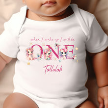 Load image into Gallery viewer, Unicorn Birthday sleepsuit, Baby Girl Birthday vest, When I wake up I’ll be One, Magical One, pastel unicorns, rainbow birthday outfit girl