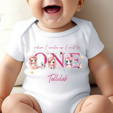 Load image into Gallery viewer, Unicorn Birthday sleepsuit, Baby Girl Birthday vest, When I wake up I’ll be One, Magical One, pastel unicorns, rainbow birthday outfit girl