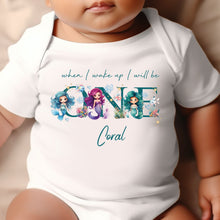 Load image into Gallery viewer, Mermaid Birthday sleepsuit, Baby Girl Birthday vest, When I wake up I’ll be One, Magical One, pastel Mermaids, Ocean birthday outfit girl