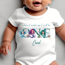 Load image into Gallery viewer, Mermaid Birthday sleepsuit, Baby Girl Birthday vest, When I wake up I’ll be One, Magical One, pastel Mermaids, Ocean birthday outfit girl