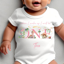 Load image into Gallery viewer, Dinosaur Birthday sleepsuit, Pink Dino Baby Birthday vest, When I wake up I’ll be One, 1st One, Cute Dinosaurs, Dino birthday outfit girl