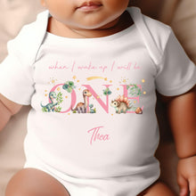 Load image into Gallery viewer, Dinosaur Birthday sleepsuit, Pink Dino Baby Birthday vest, When I wake up I’ll be One, 1st One, Cute Dinosaurs, Dino birthday outfit girl
